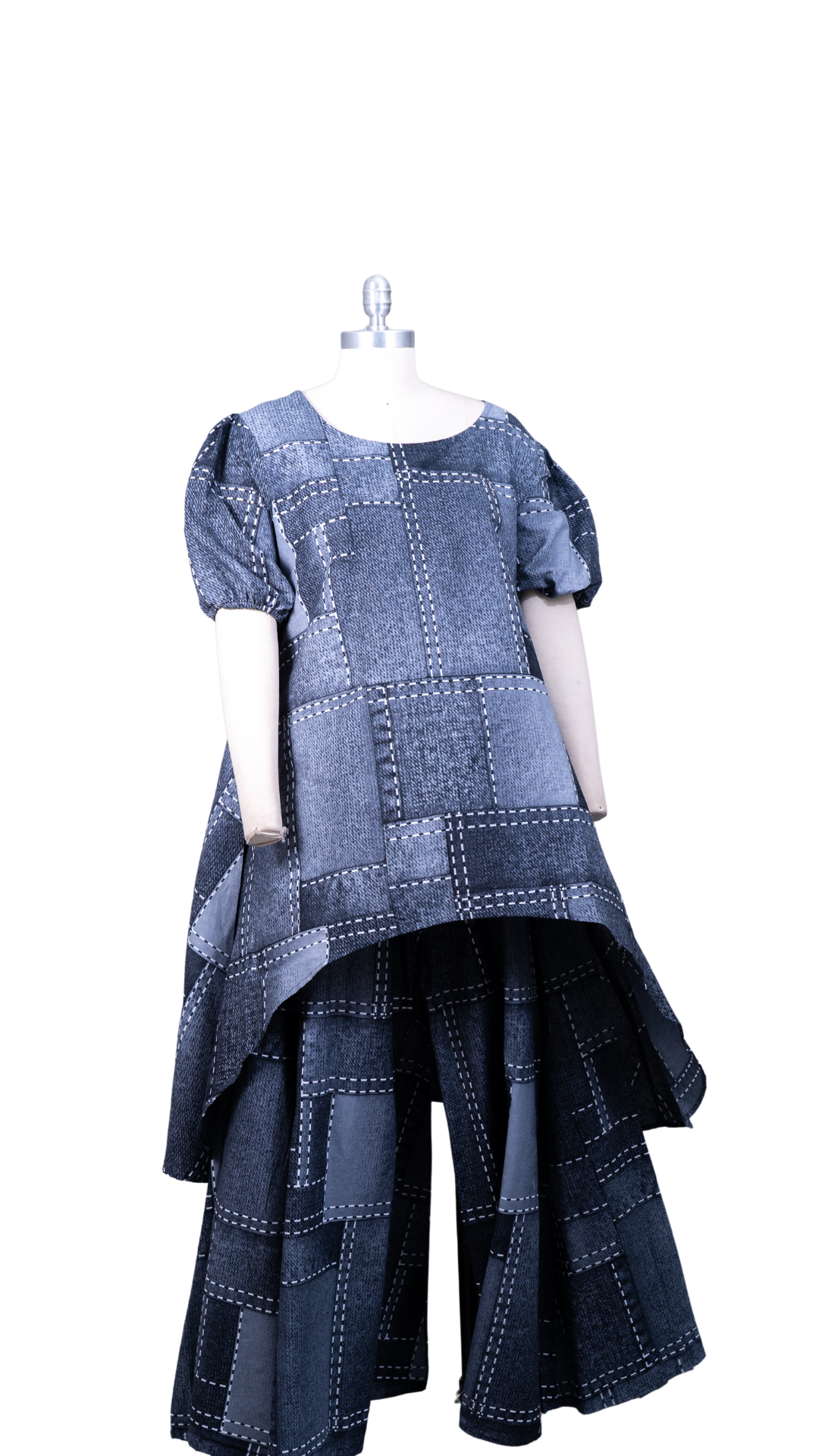 Faded Patches Denim High Low Pant Set