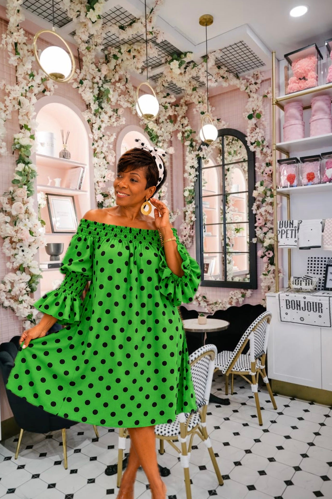 Green Off the Shoulder Dot Dress