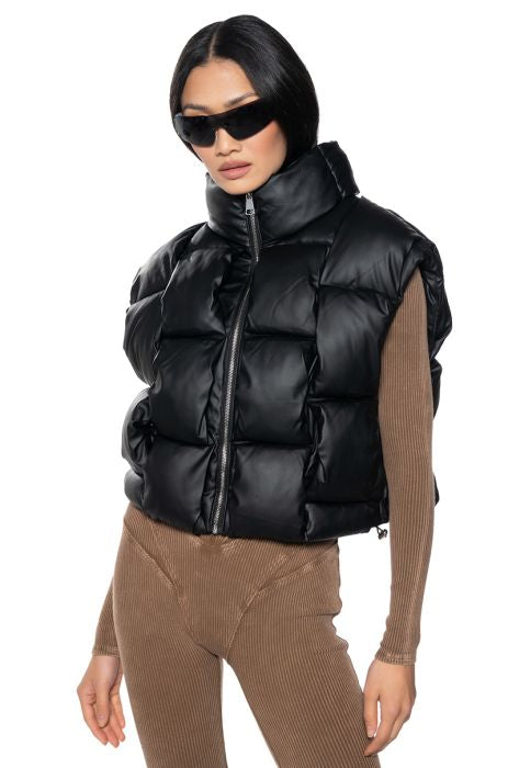 Black Woven Cropped Puffy Vest