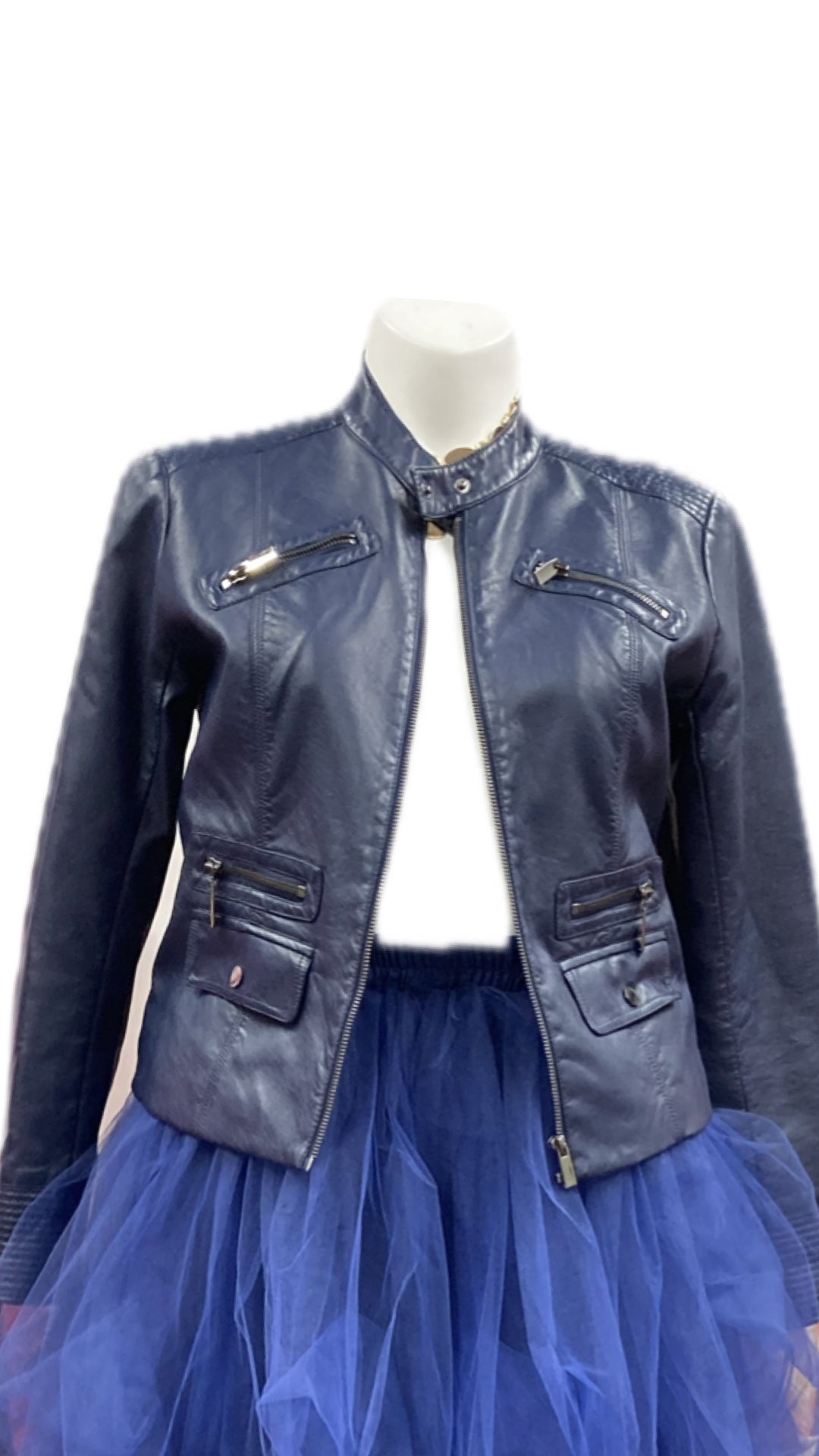 NAVY PU MOTO JACKET LG