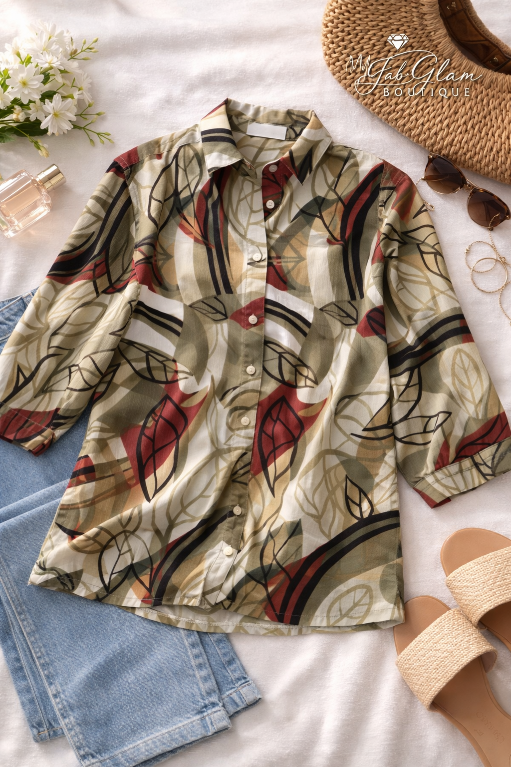 Abstract Leaf Print Chiffon Blouse 14