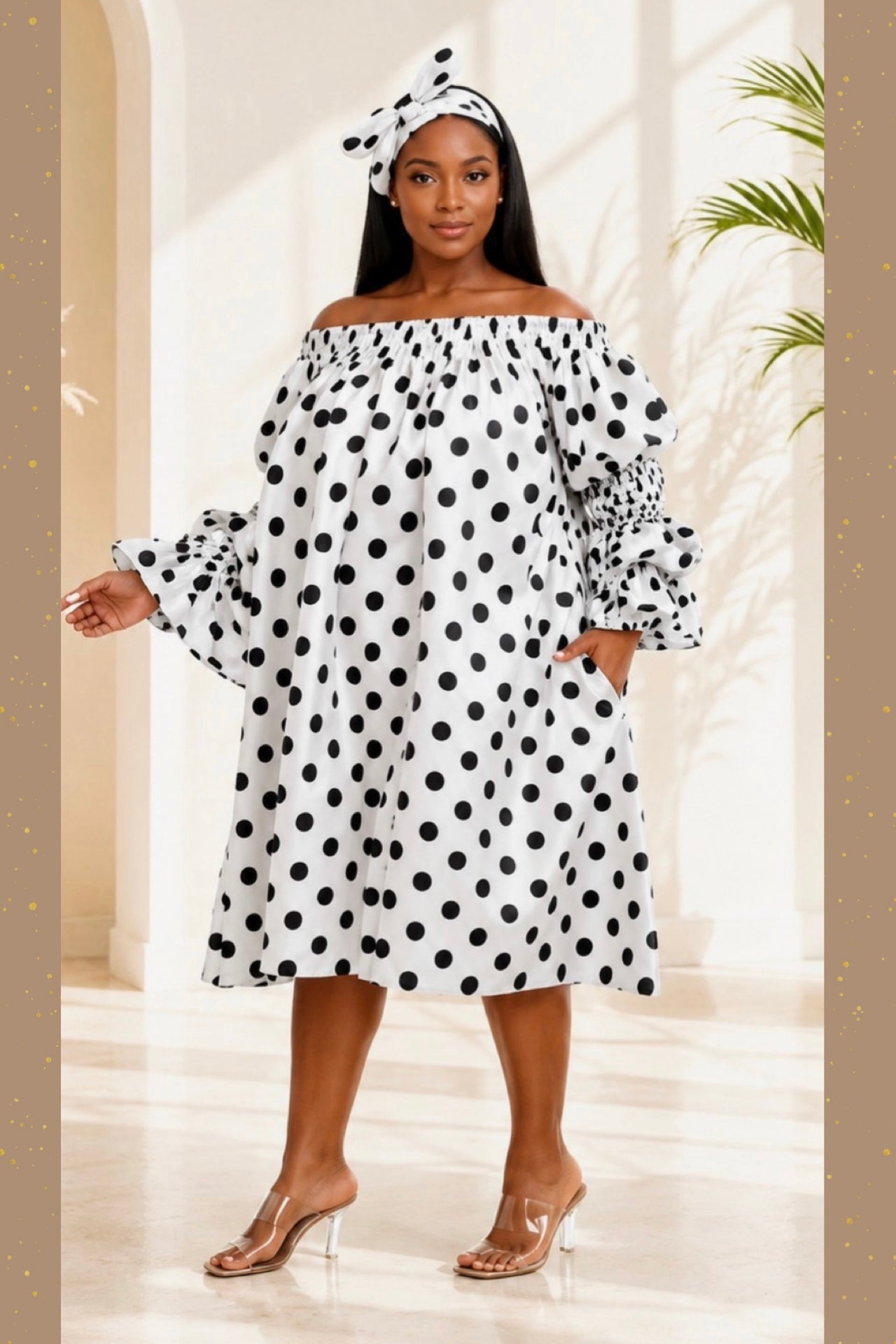 Off the shoulder dot tier sleeve dress