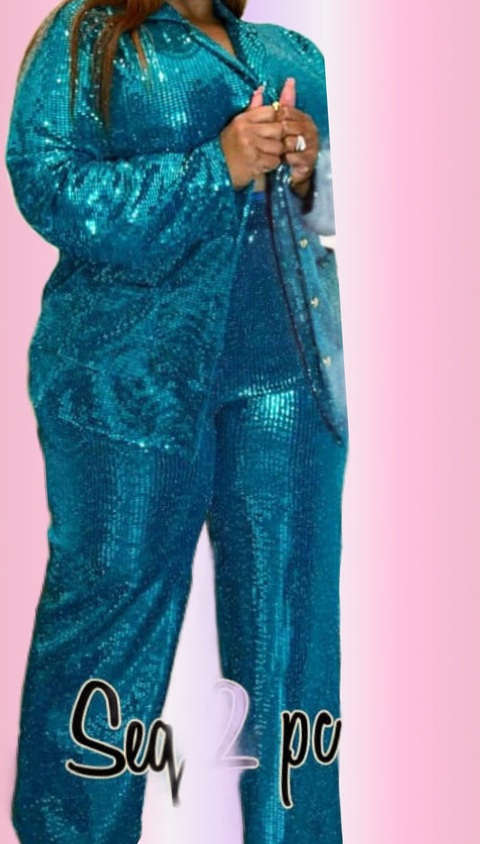 All for Glitters teal green 2pc sequin suit