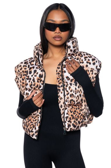 Woven Puffy Cheetah Vest