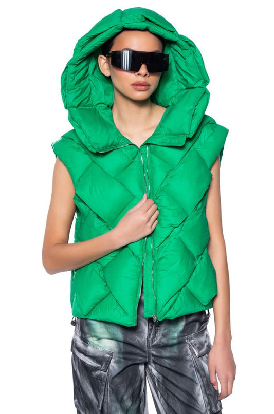 Green Hooded Weave Puff Vest