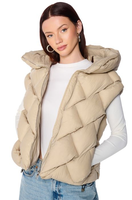 Hooded Woven Beige Puff Vest XL