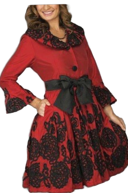 Red black ribbon tea party coat dress M